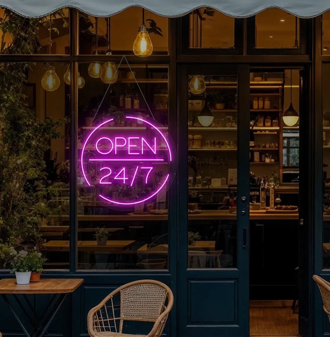 Image of a stylish Open 24/7 neon sign mounted on coffee shop glass door in pink color.