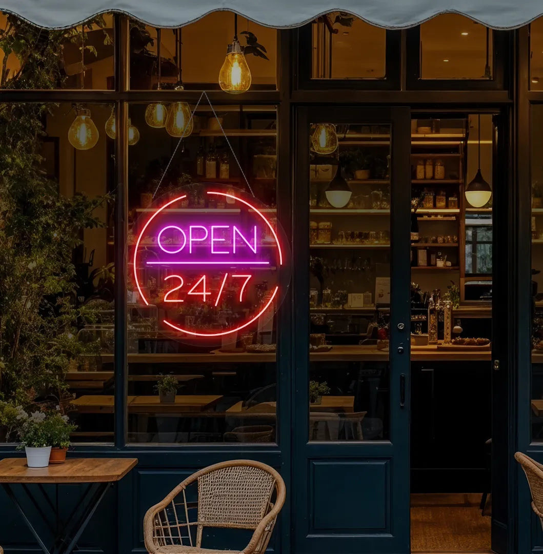 Image of a stylish Open 24/7 neon sign mounted on coffee shop glass door in red color.