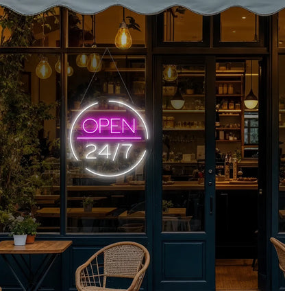 Image of a stylish Open 24/7 neon sign mounted on coffee shop glass door in white color.