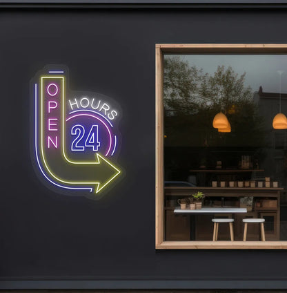 image of an open 24 hours with arrow neon sign in blue color on storefront decor.