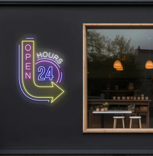 image of an open 24 hours with arrow neon sign in blue color on storefront decor.