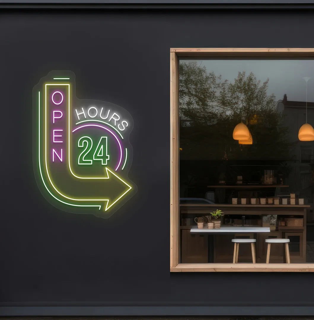 Trendy open 24 hours with arrow neon sign in green mounted on storefront.