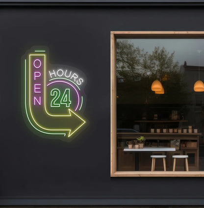 Trendy open 24 hours with arrow neon sign in green mounted on storefront.