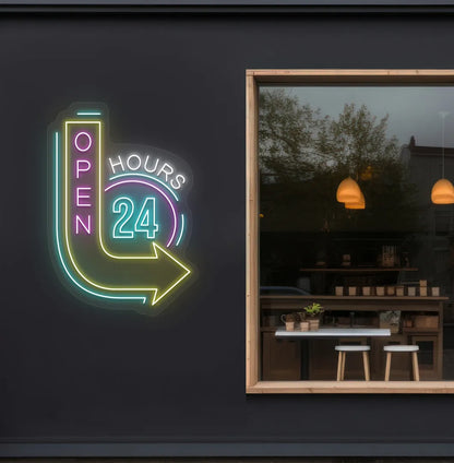 image of an open 24 hours with arrow neon sign in ice blue color on storefront decor.