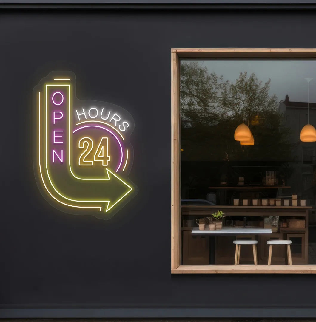 Trendy open 24 hours with arrow neon sign in orange mounted on storefront.