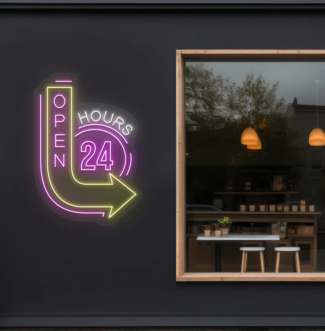 image of an open 24 hours with arrow neon sign in pink color on storefront decor.