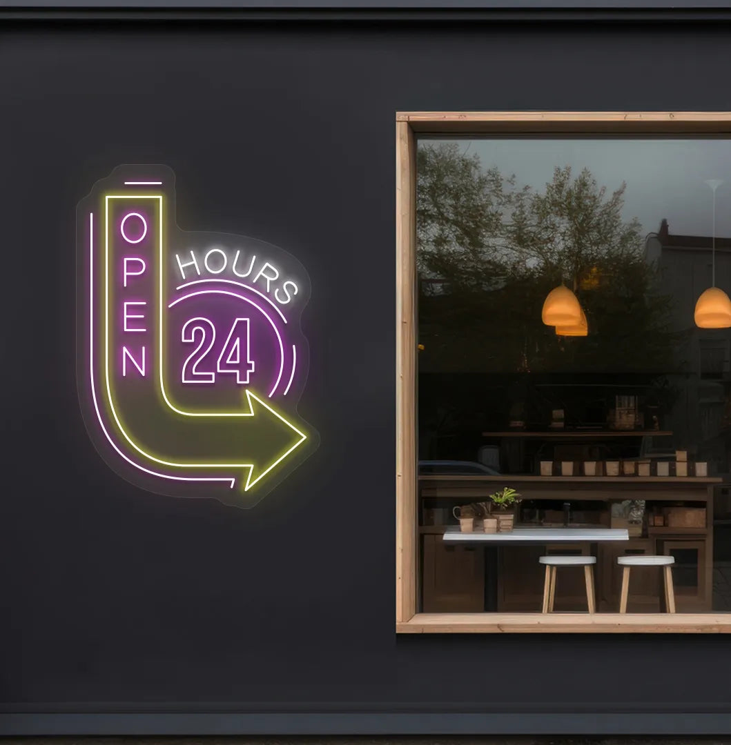 Trendy open 24 hours with arrow neon sign in purple mounted on storefront.