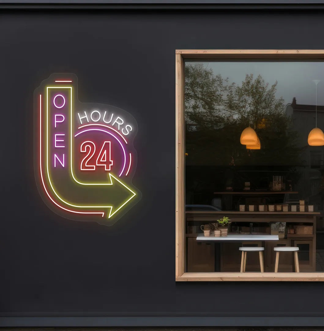 image of an open 24 hours with arrow neon sign in red color on storefront decor.
