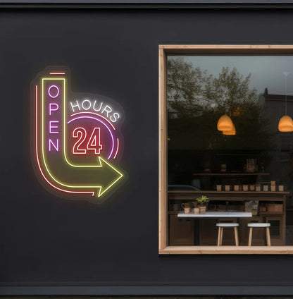 image of an open 24 hours with arrow neon sign in red color on storefront decor.