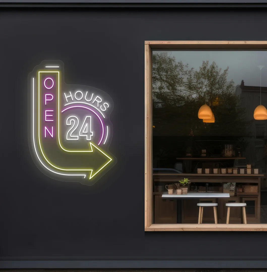 image of an open 24 hours with arrow neon sign in white color on storefront decor.