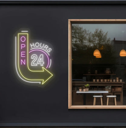 image of an open 24 hours with arrow neon sign in white color on storefront decor.