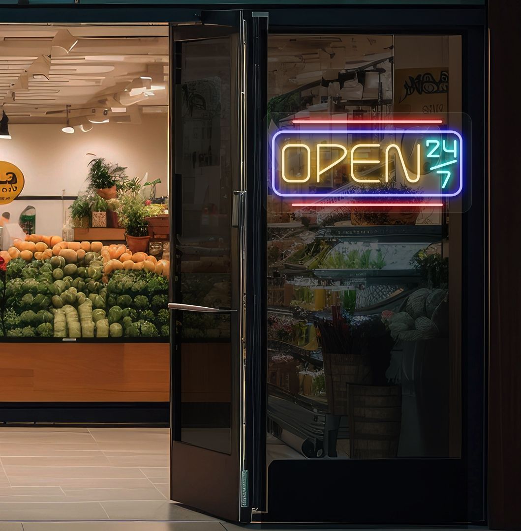 Modern open 24/7 neon sign glowing orange on supermarket door.