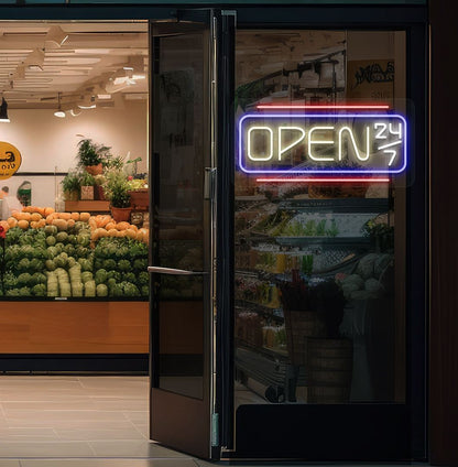 Modern open 24/7 neon sign glowing warm white on supermarket door.