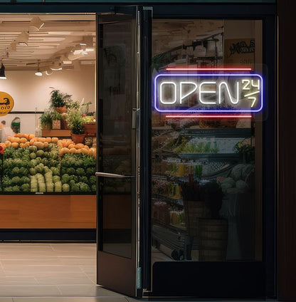 Image of an open 24/7 LED neon sign glowing on a store glass door in white color.
