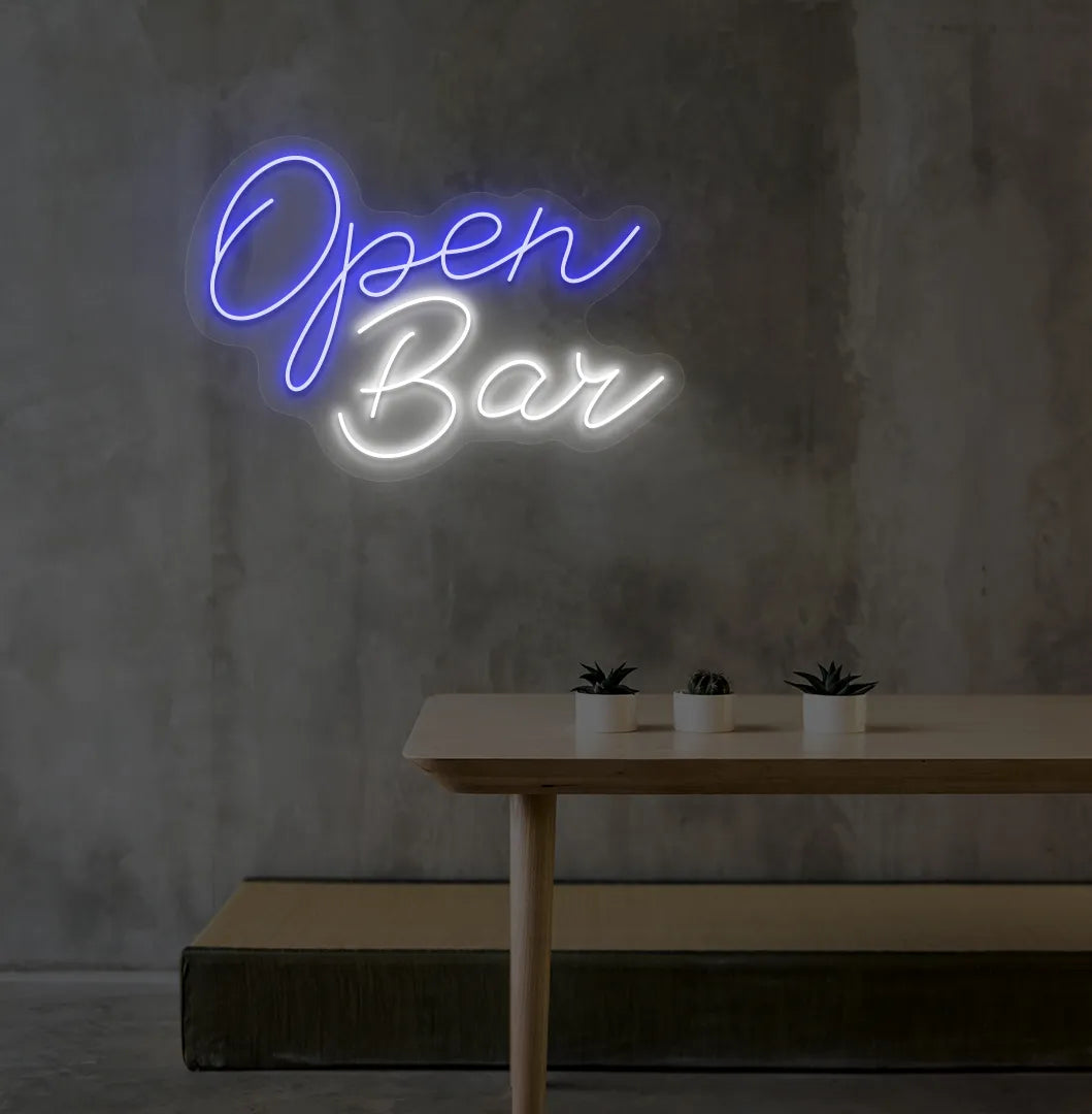 Image of an Open Bar neon sign mounted on an aesthetic wall in blue color.