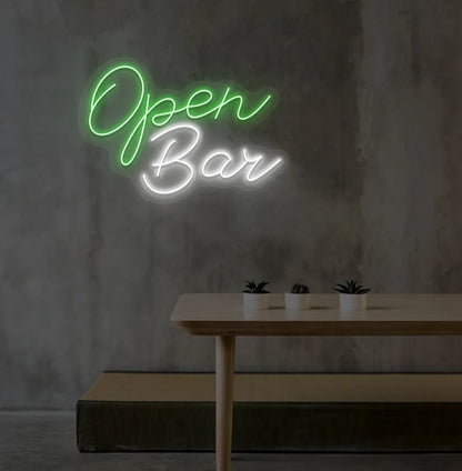 Stylish Open Bar LED neon sign mounted on aesthetic wall in green color.