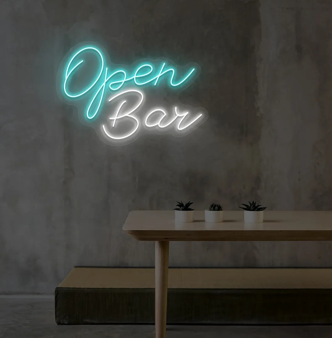 Image of an Open Bar neon sign mounted on an aesthetic wall in ice blue color.