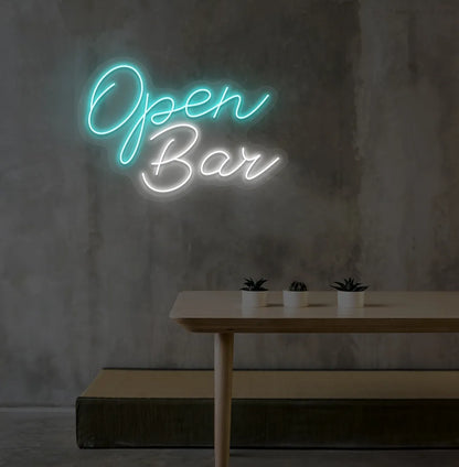 Image of an Open Bar neon sign mounted on an aesthetic wall in ice blue color.