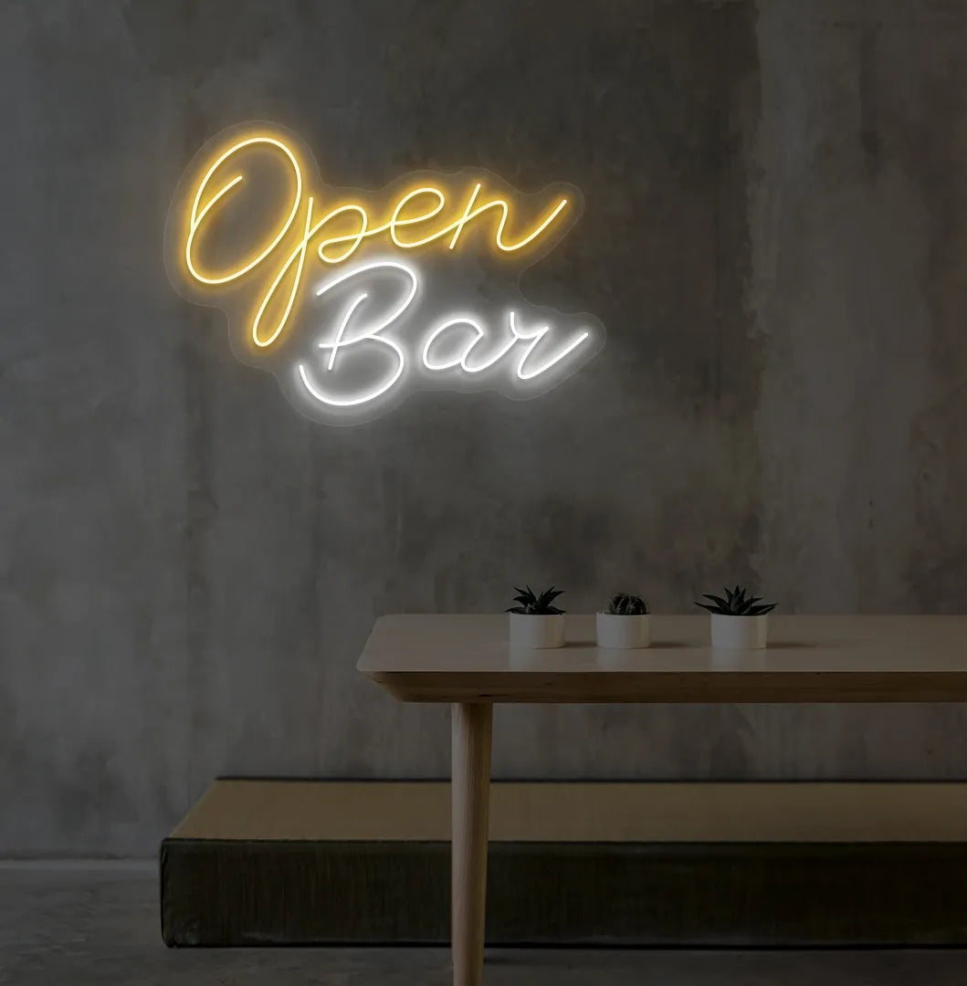 Stylish Open Bar LED neon sign mounted on aesthetic wall in orange color.