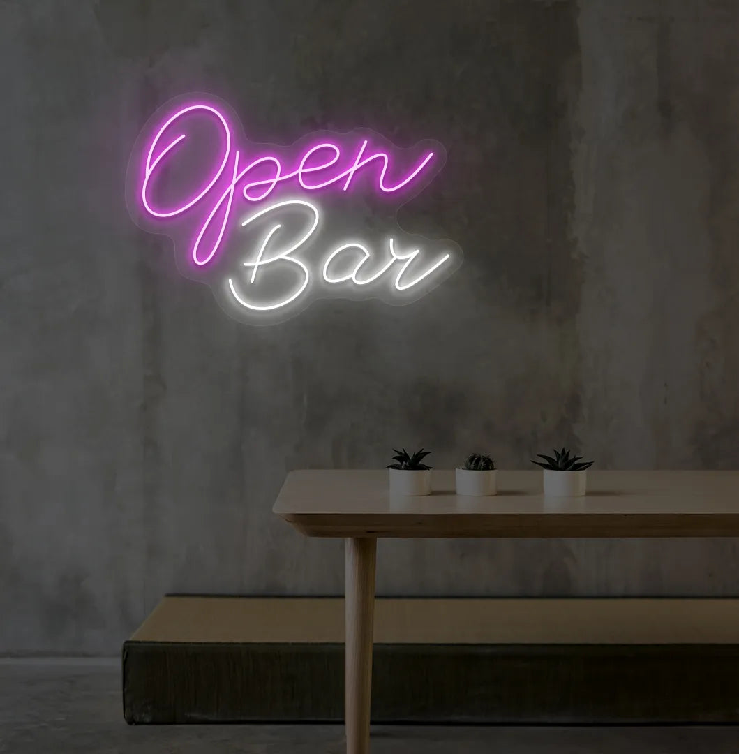 Image of an Open Bar neon sign mounted on an aesthetic wall in pink color.