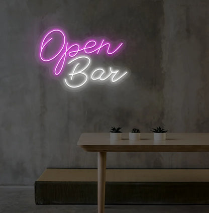 Image of an Open Bar neon sign mounted on an aesthetic wall in pink color.