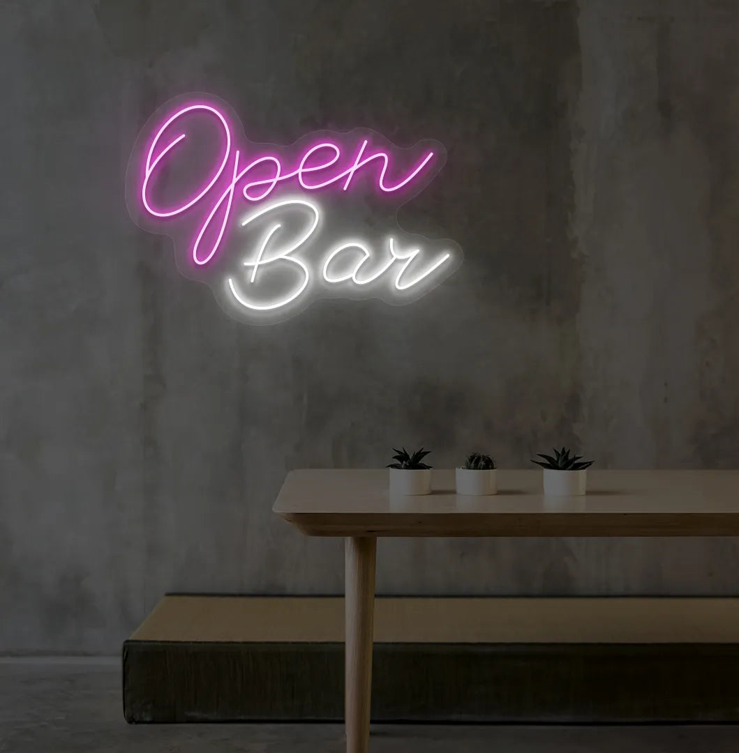 Stylish Open Bar LED neon sign mounted on aesthetic wall in purple color.