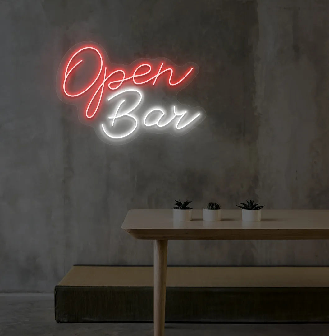 Image of an Open Bar neon sign mounted on an aesthetic wall in red color.