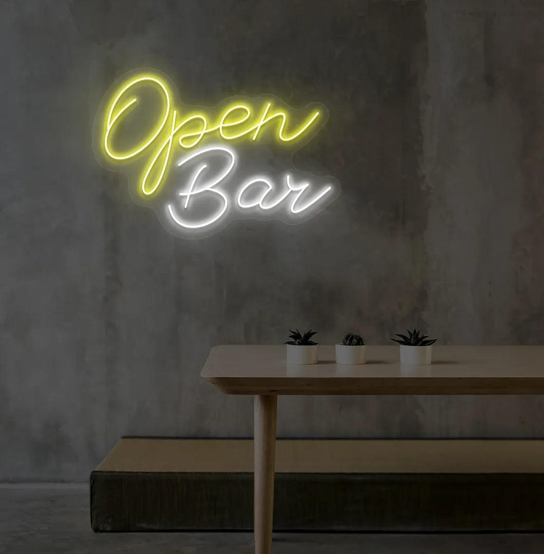 Stylish Open Bar LED neon sign mounted on aesthetic wall in orange color.