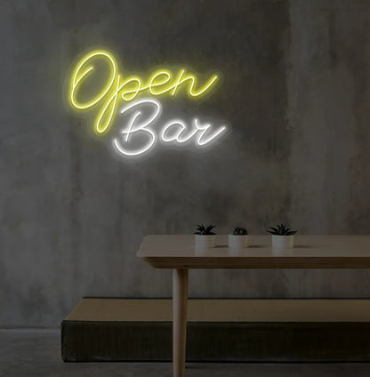Stylish Open Bar LED neon sign mounted on aesthetic wall in orange color.