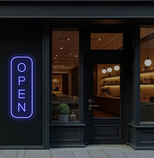 Image of an open LED neon sign glowing on a shop exterior wall in blue color.