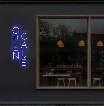 Image of a modern cafe wall with open cafe neon sign glowing blue.