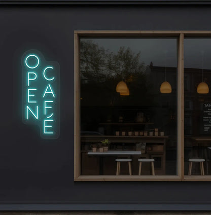 Image of a modern cafe wall with open cafe neon sign glowing ice blue.