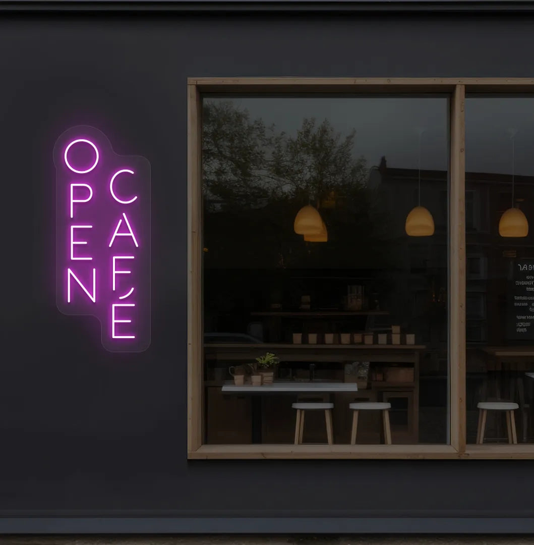 Image of a modern cafe wall with open cafe neon sign glowing pink.