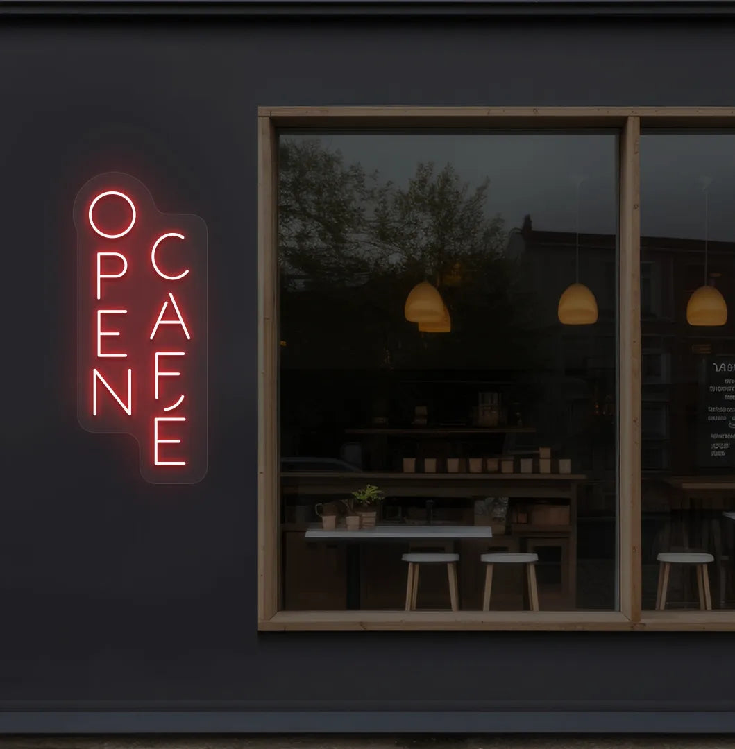 Image of a modern cafe wall with open cafe neon sign glowing red.