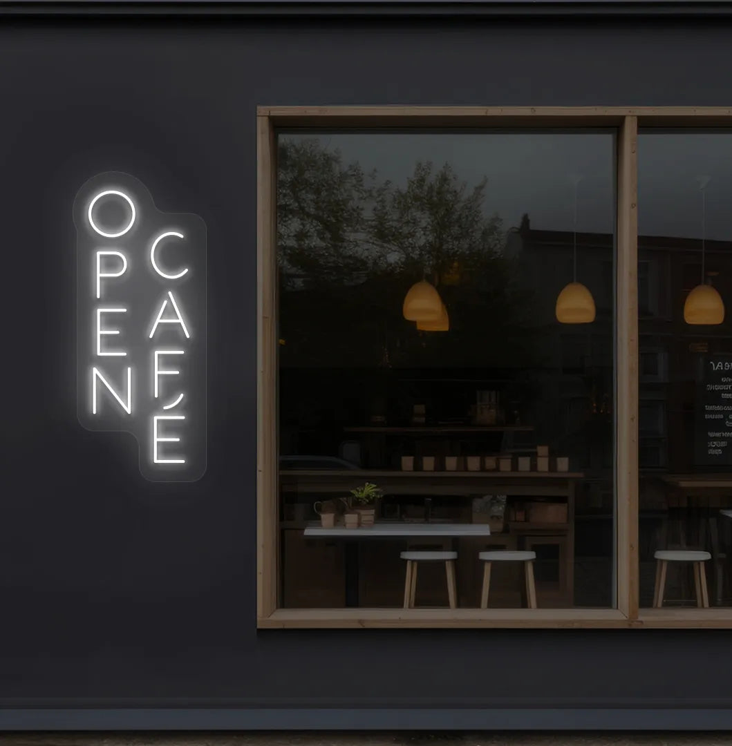 Image of a modern cafe wall with open cafe neon sign glowing white.