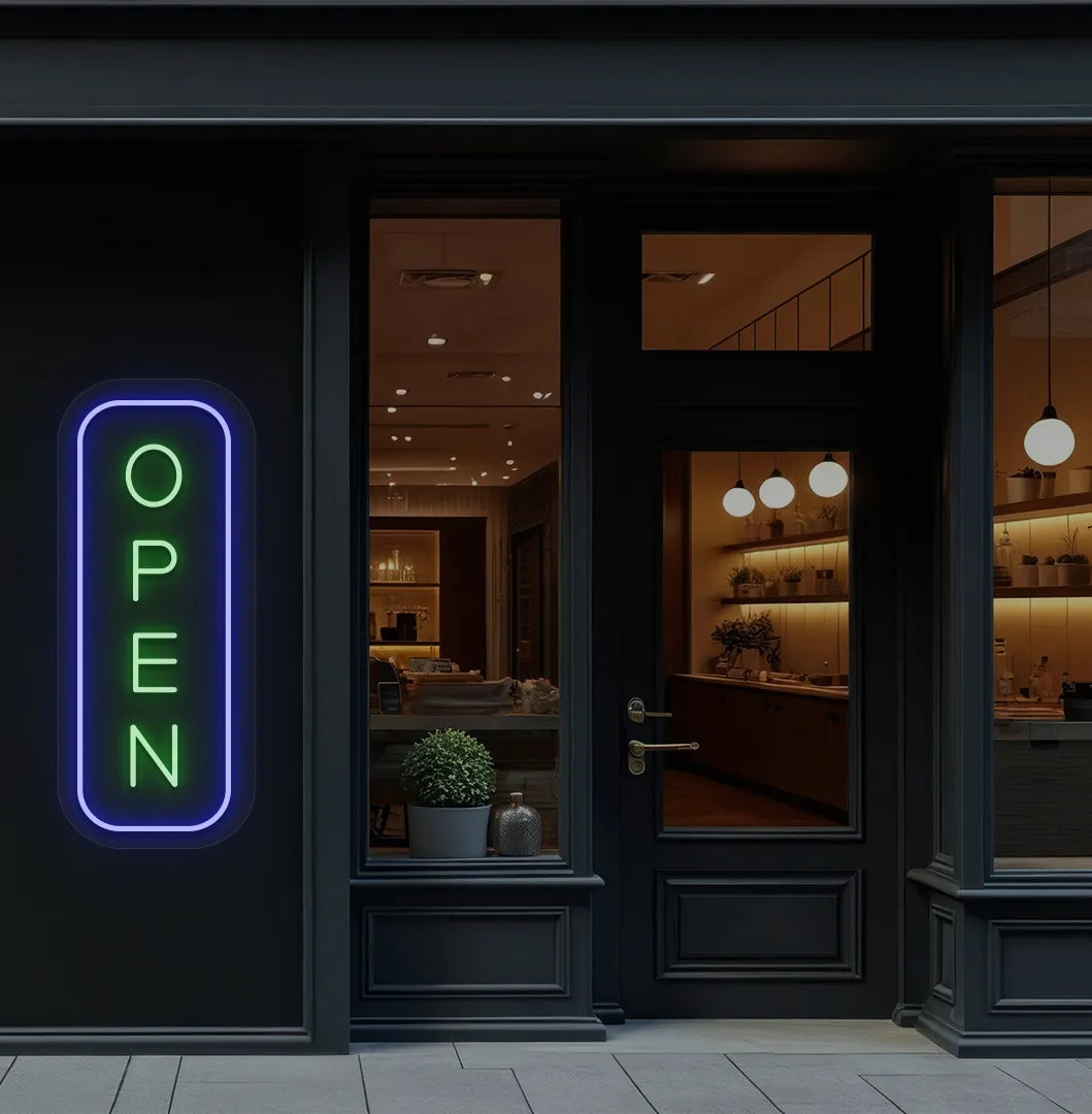 Storefront outdoor wall with green LED open neon sign. Perfect for entrances, storefront signage, cafés, and commercial spaces.