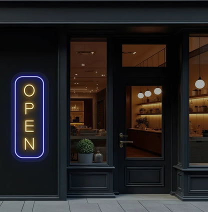Storefront outdoor wall with orange LED open neon sign. Perfect for entrances, storefront signage, cafés, and commercial spaces.