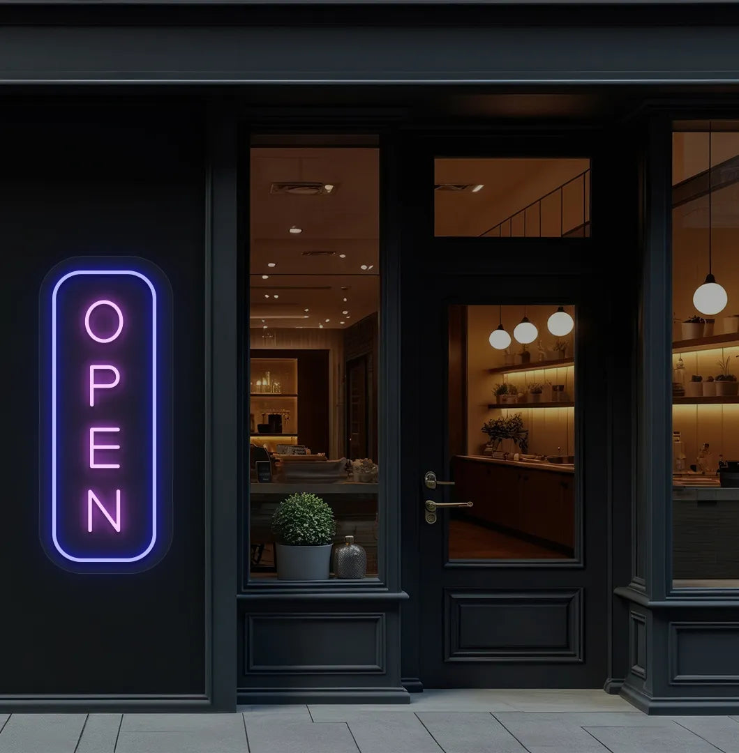 Storefront outdoor wall with purple LED open neon sign. Perfect for entrances, storefront signage, cafés, and commercial spaces.