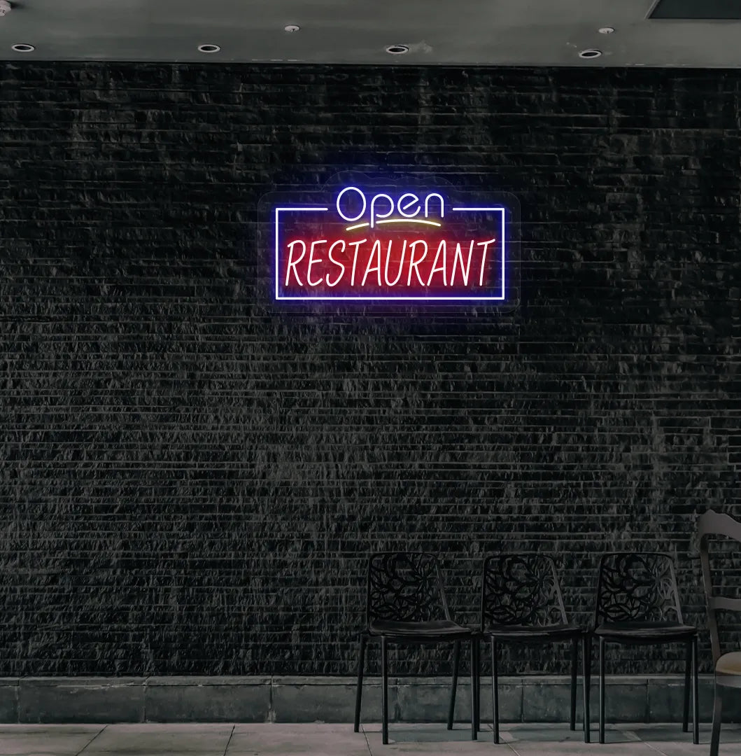 Image of an "Open restaurant" neon sign mounted on restaurant wall in blue color.