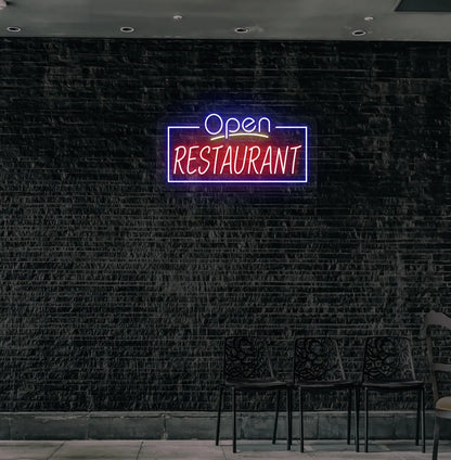 Image of an "Open restaurant" neon sign mounted on restaurant wall in blue color.