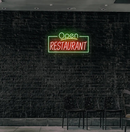 Stylish open restaurant neon sign in green mounted on restaurant wall.