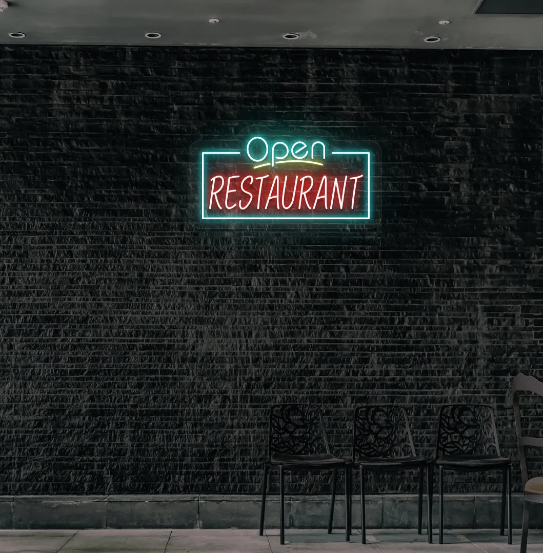 Image of an "Open restaurant" neon sign mounted on restaurant wall in ice blue color.