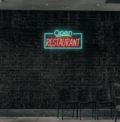 Image of an "Open restaurant" neon sign mounted on restaurant wall in ice blue color.