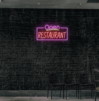 Image of an "Open restaurant" neon sign mounted on restaurant wall in pink color.