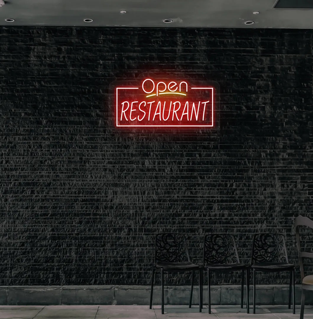 Image of an "Open restaurant" neon sign mounted on restaurant wall in red color.