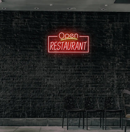 Image of an "Open restaurant" neon sign mounted on restaurant wall in red color.