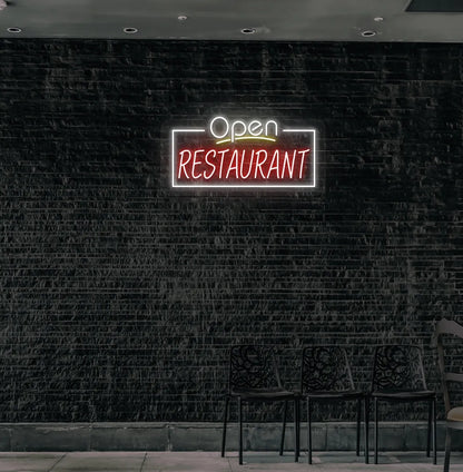 Image of an "Open restaurant" neon sign mounted on restaurant wall in white color.