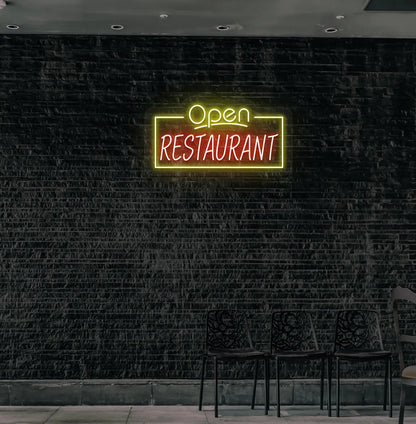 Stylish open restaurant neon sign in yellow mounted on restaurant wall.