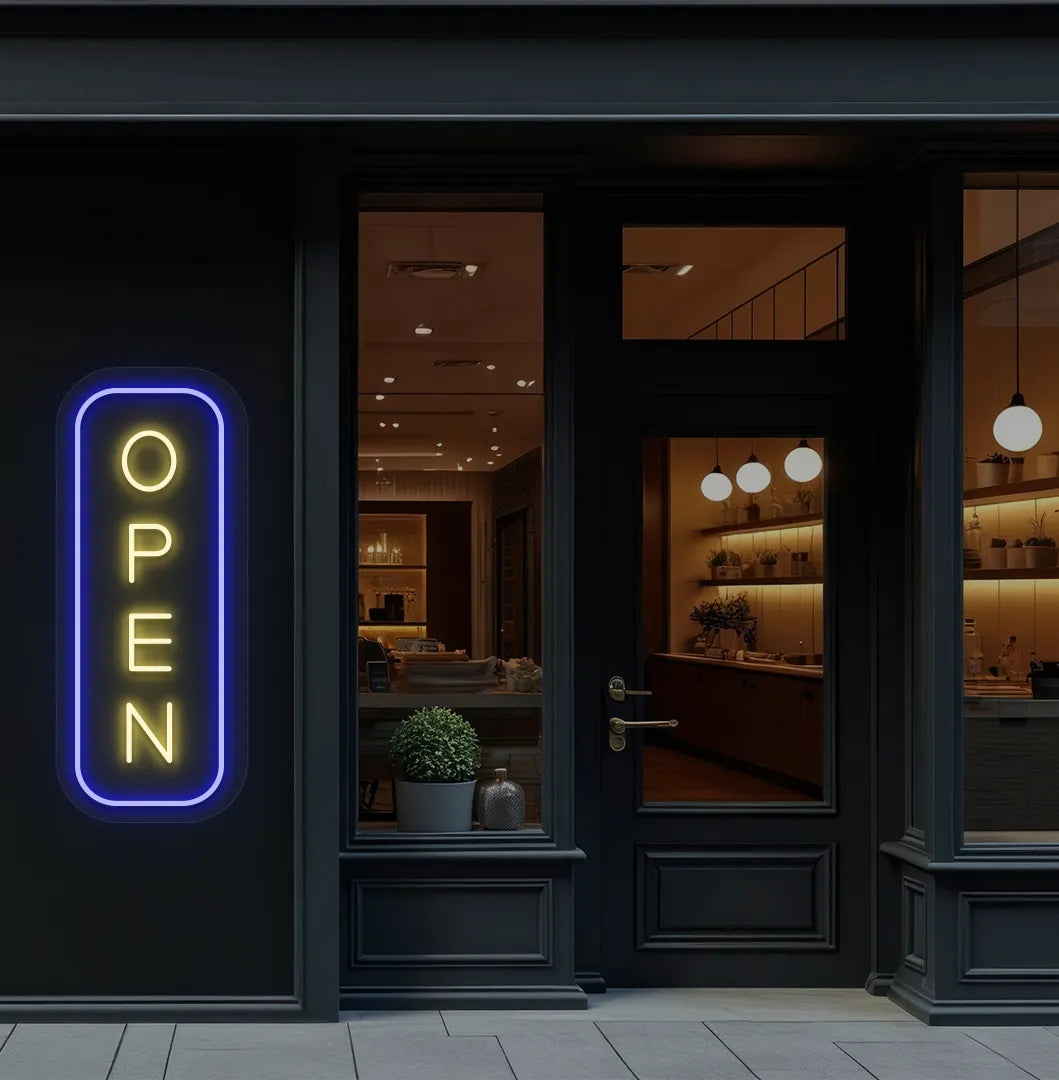 Storefront outdoor wall with yellow LED open neon sign. Perfect for entrances, storefront signage, cafés, and commercial spaces.