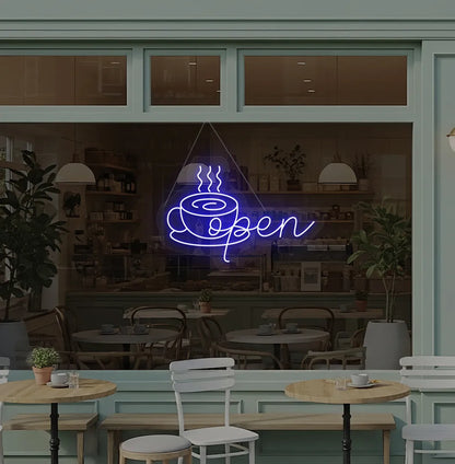 Image of an open with coffee cup neon sign hanging on cafe glass door in blue color.